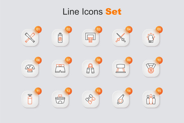 设置线保龄球瓶，哨子，哑铃，体育场，沙袋，奖牌，鞍马和运动扩展器图标。向量图片下载