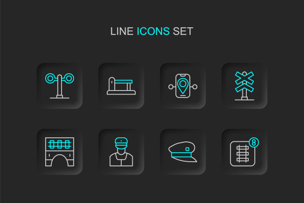 在线订票，火车司机帽，售票员，火车桥，铁路道口，路线位置，铁路，铁路轨道和交通灯图标。向量图片下载