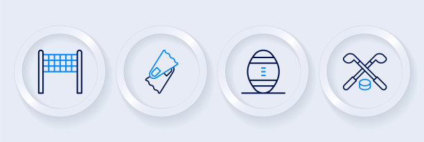 设置线冰球棍和冰球，美式足球，鳍为游泳和排球网图标。向量图片下载