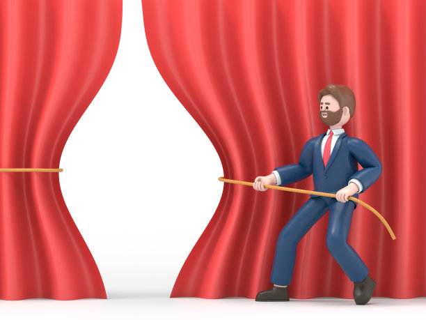 3D插图的美国商人鲍勃手拉绳红布。盛大开幕的概念。仪式、庆典、展示和活动。白色背景的3D渲染。图片下载