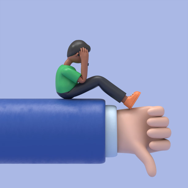 三维插图非洲人大卫坐在一个大手讨厌。不快乐的人。压力和失败。商人的危机。坏心情的概念。白色背景的3D渲染。图片下载