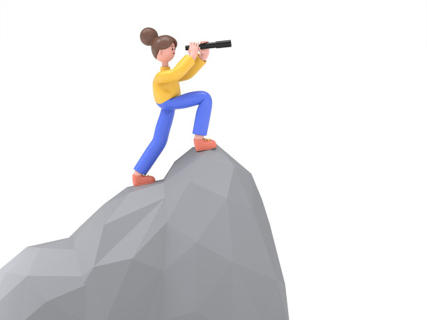 3D插图亚洲妇女安吉拉通过望远镜在高山上看地面。艺术作品描绘了雄心、愿景、未来和发现。白色背景的3D渲染。图片下载