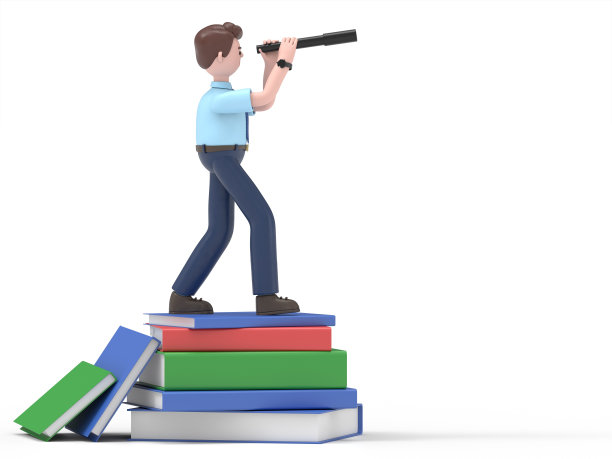 三维插图的亚洲男子菲利克斯与双筒望远镜站在书堆。未来和愿景概念。白色背景的3D渲染。图片下载