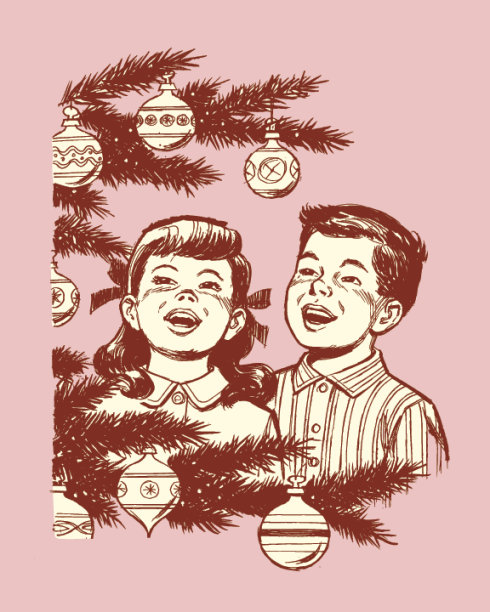 男孩和女孩看装饰圣诞树的插图图片下载