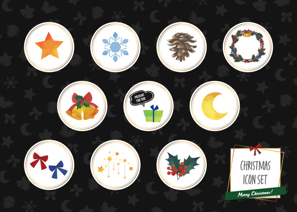 圣诞主题和图标。圆形，贴纸，黑色背景。图片下载