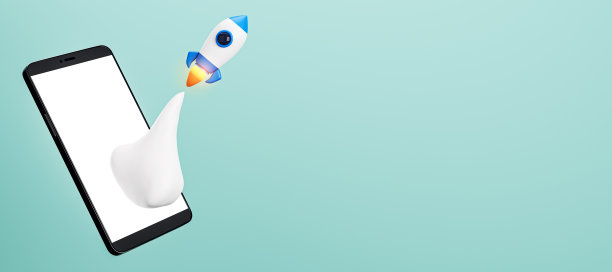 创意蓝色背景与飞行火箭，智能手机和模拟的地方。SEO，启动和web开发的概念。3 d渲染。图片下载