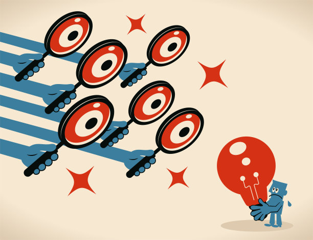 蓝人拿着大灯泡，被许多带眼睛的放大镜注视着图片下载