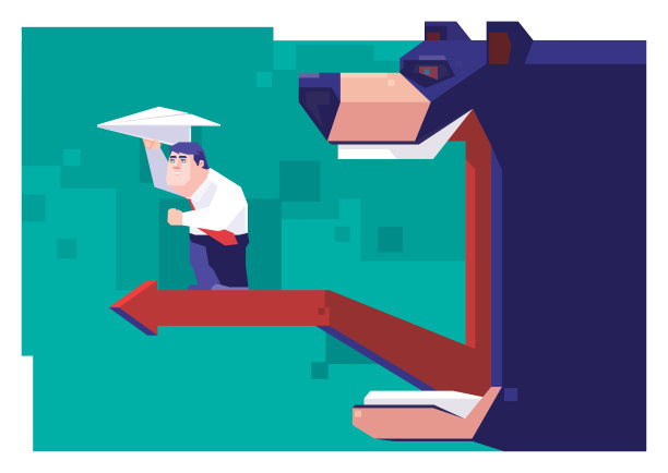 商人手持纸飞机，站在箭头上，熊跟在后面图片下载