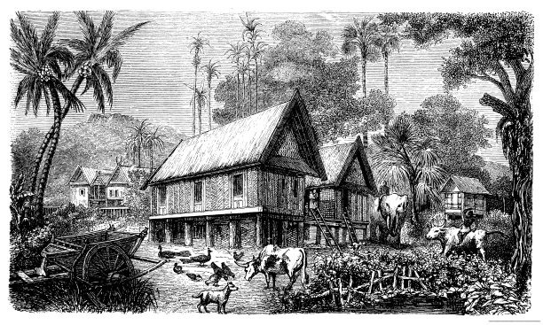 古董插图，民族志和土著文化:东亚，老挝村庄图片下载