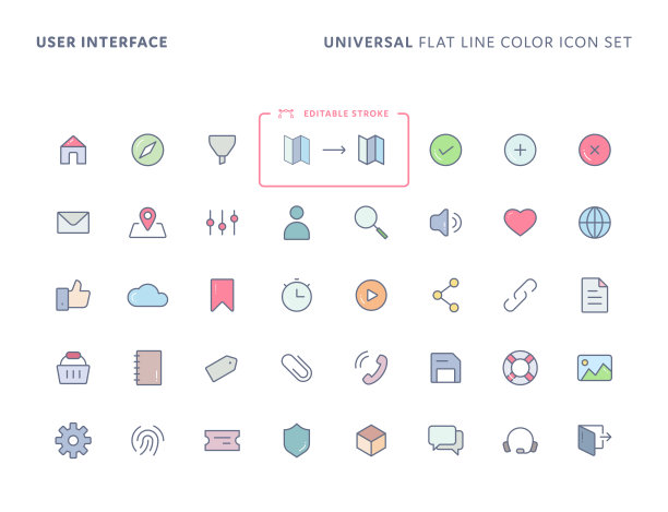 用户界面通用颜色平线图标设置与可编辑的笔画。图标适用于网页，手机应用，UI, UX和GUI设计。图片下载