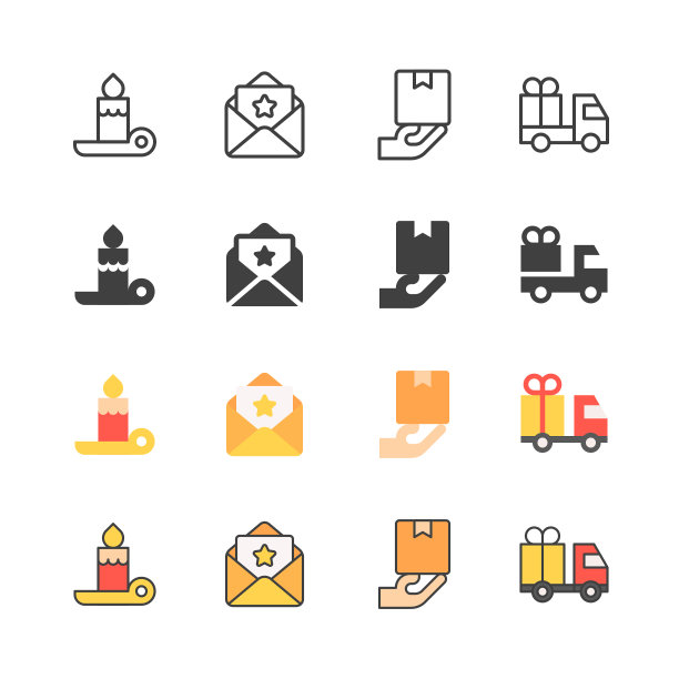 圣诞线，固体，扁平和彩色图标。可编辑的中风。包含这样的图标，如蜡烛，邀请，贺卡，包裹递送，递送卡车，礼物。图片下载