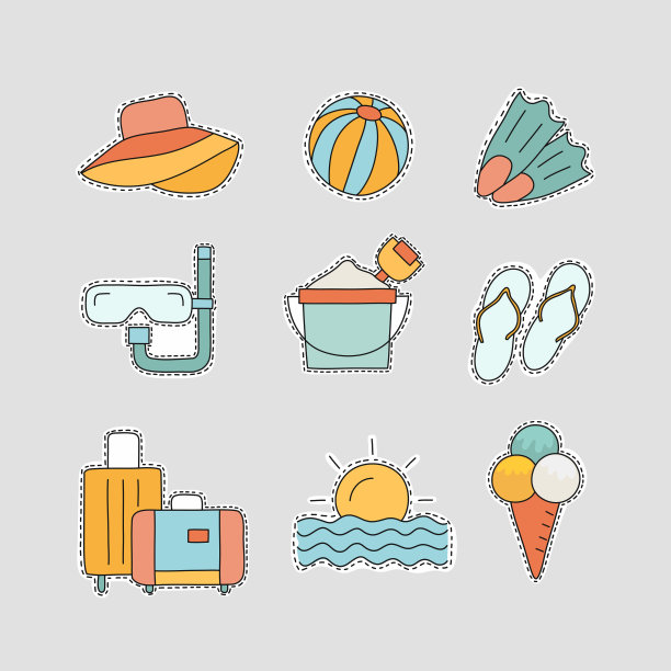 夏季和海滩相关的涂鸦插图。手绘矢量夏天和海滩符号和图标。图片下载