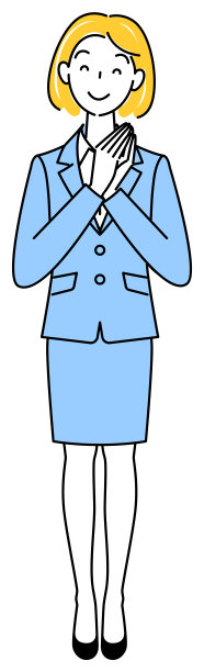 一个穿着西装的漂亮女人，想出一个好主意后很高兴地把手放在一起。全身站立插图矢量图片下载