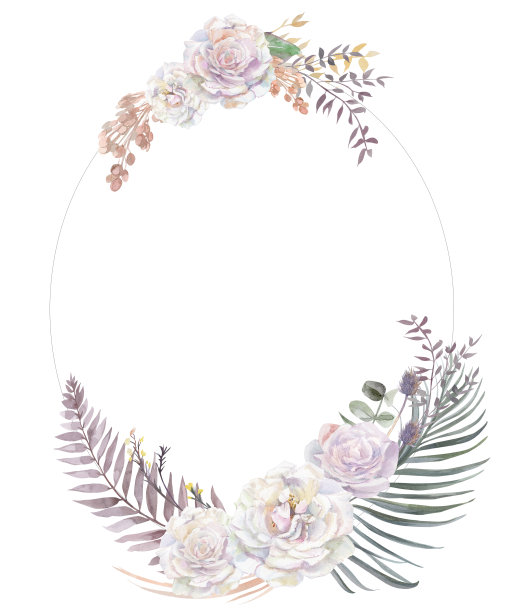 椭圆形垂直框架与白色玫瑰花和棕榈和蕨类植物的叶子画在水彩图片下载