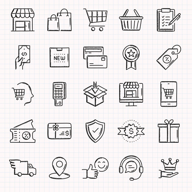 购物和零售手绘图标集，涂鸦风格矢量插图图片下载