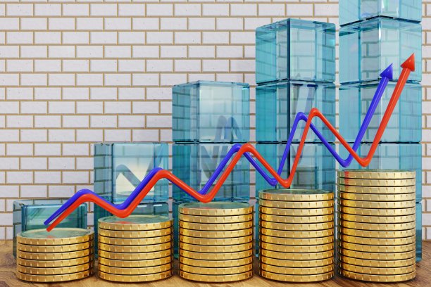 图表股票市场。堆硬币上的堆栈。投资储蓄理念。3 d渲染。图片下载