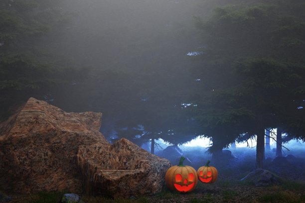 幽灵森林与雾和薄雾，万圣节的概念。三维渲染图片下载