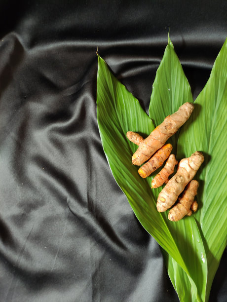 新鲜的姜黄和一些绿叶图片下载