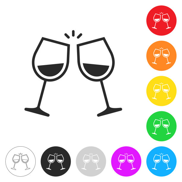 两个酒杯。按钮上不同颜色的平面图标图片下载