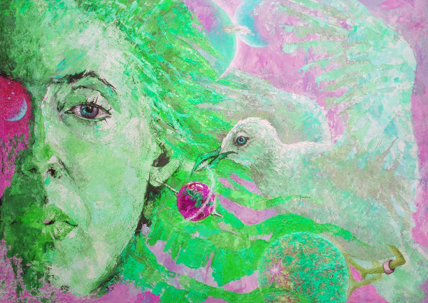 插图油画女人的肖像与飞翔的小鸟海鸥的宇宙行星的绿色图片下载