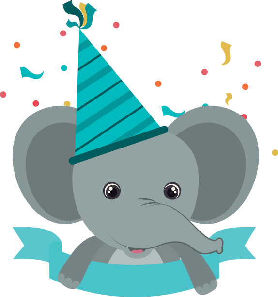 可爱的大象与派对帽子在白色背景图片下载