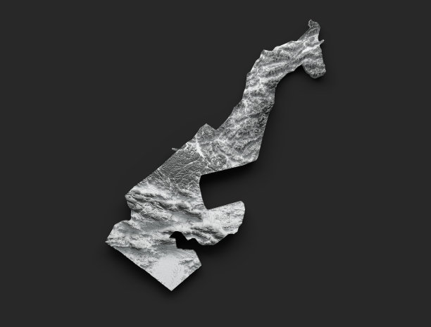 三维摩纳哥地图黑色和白色阴影浮雕半斜视地图黑色背景三维插图图片下载