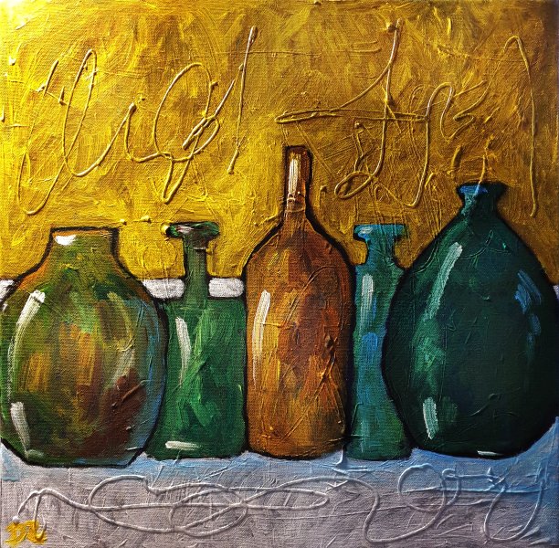 桌子上有五个空瓶子现代油画图片下载
