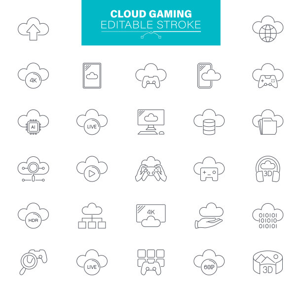 云游戏图标。可编辑的中风。包含视频游戏、移动游戏、设备、云数据、虚拟现实等图标图片下载