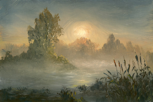 日落在河上，油画图片下载