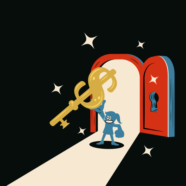 一个微笑的女人用她的金色美元标志钥匙打开了门，灯光照进了黑暗的房间图片下载