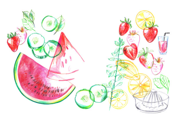 手绘夏季奶昔配方插图，玻璃和配料海报图片下载