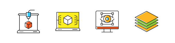 3D打印技术相关的矢量平行线图标。大纲符号集合图片下载