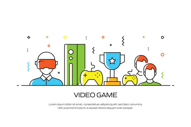 视频游戏相关的线风格横幅设计网页，标题，小册子，年度报告和书的封面图片下载