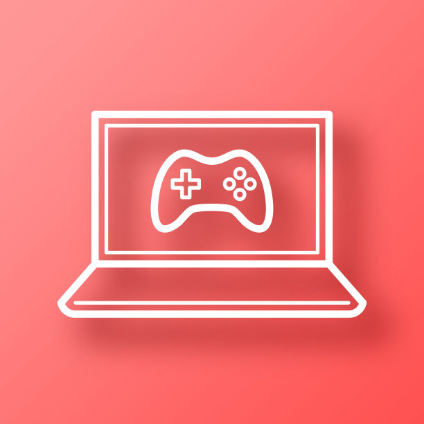 在笔记本电脑上玩电子游戏。图标在红色背景与阴影图片下载