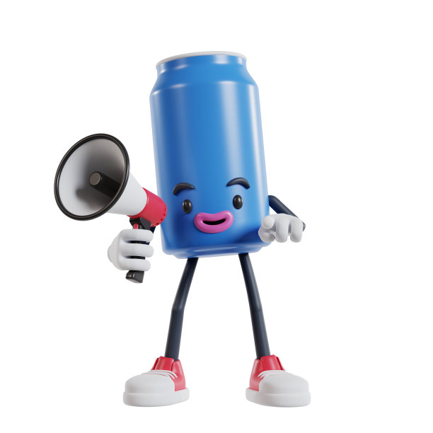 汽水罐的卡通人物拿着扩音器，用食指指着镜头图片下载