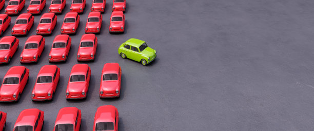 往另一个方向开的绿色汽车。不同的想法和不同的概念3d渲染图片下载