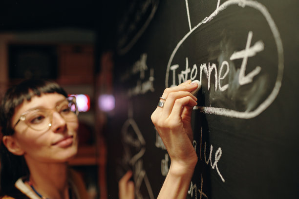 女人在黑板上画商业计划图片下载