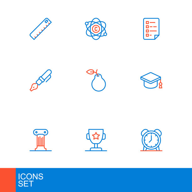 设置线闹钟，奖杯，法律支柱，毕业帽，钢笔笔尖，梨，带检查表和原子图标的剪贴板。向量图片下载