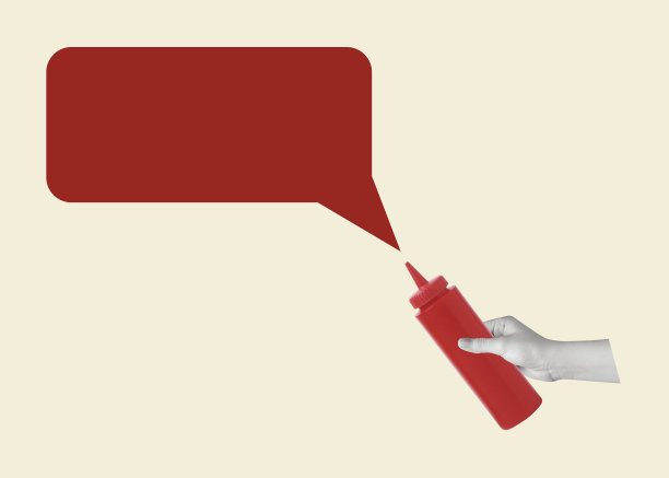 Сontemporary手握番茄酱和对话泡泡的艺术拼贴画。图片下载