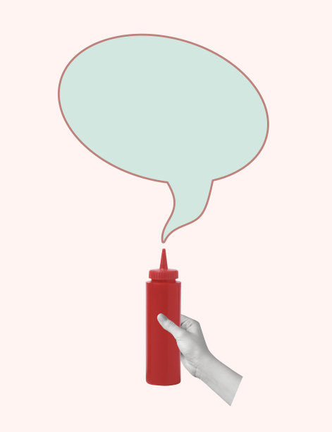 Сontemporary手握番茄酱和对话泡泡的艺术拼贴画。图片下载