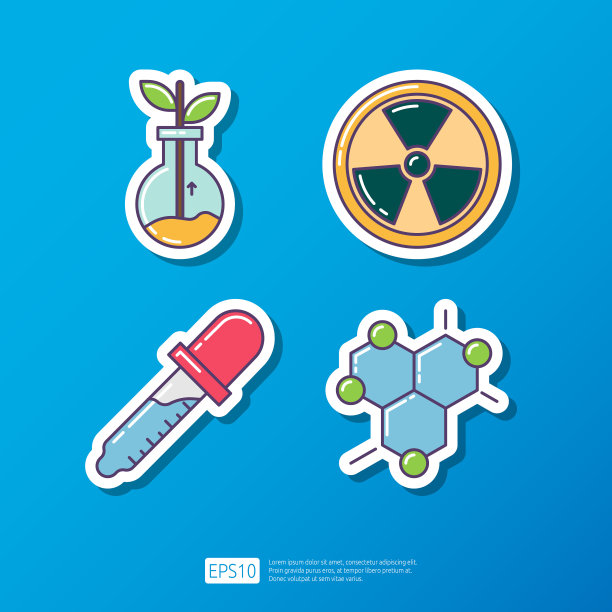 试管种植植物，核辐射指示剂，实验室测量移液管，六边形分子徽章结构。知识和教育扁平贴纸图标。科学和学校矢量插图图片下载