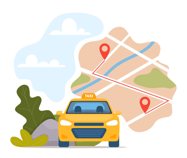 出租车车，城市地图gps定位。移动租车服务，互联网横幅。现代网络租车技术，黄色出租车插画概念。城市街道导航。图片下载