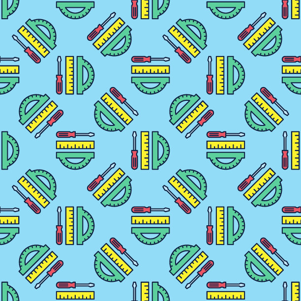 螺丝刀和量角器与黄色尺子矢量彩色无缝图案图片下载