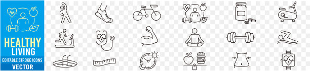健康的生活方式可编辑线图标健康放松健康锻炼瑜伽水疗饮食健康收集。图片下载