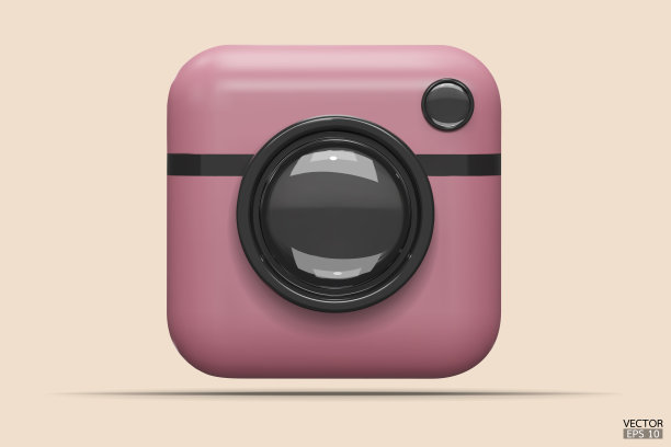 带镜头的照相机。粉色相机图标。现代简单的快照摄影标志。三维矢量插图。图片下载