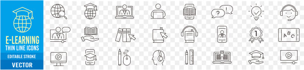 电子学习细线图标集可编辑的笔画矢量插图。图片下载