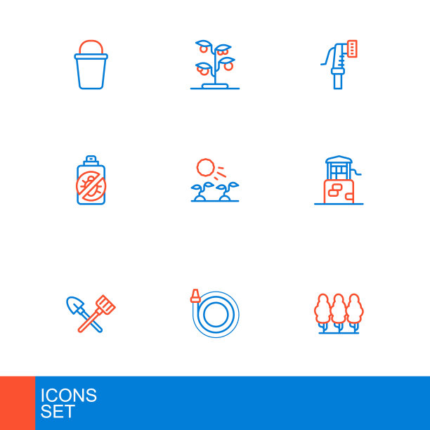 设置线果树，花园软管，铲子和耙子，好，喷洒昆虫，植物发芽生长的阳光，和发芽图标。向量图片下载