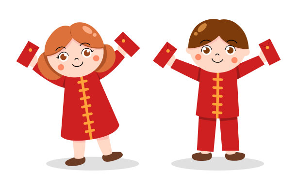 穿着中国服装，拿着红包的卡通男女。春节快乐图片下载