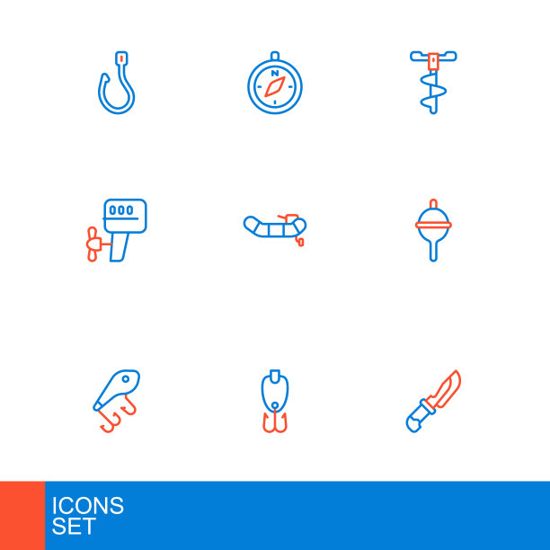 设置线刀，鱼饵，浮子，船外马达，充气带，手冰钻和指南针图标。向量图片下载