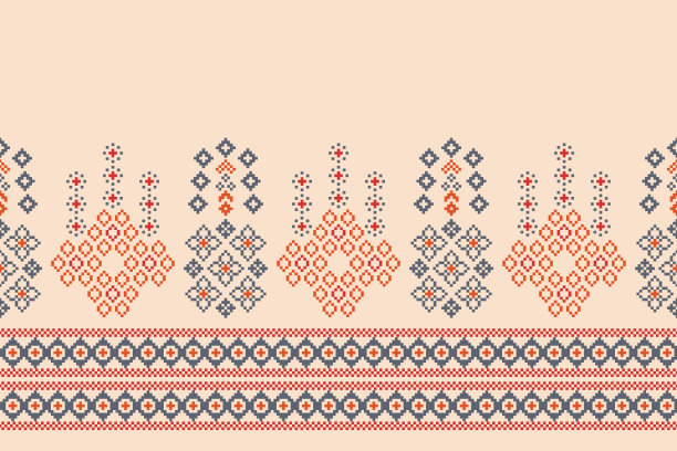 民族几何织物图案十字绣。伊卡特刺绣民族东方像素图案棕色奶油背景。图片下载
